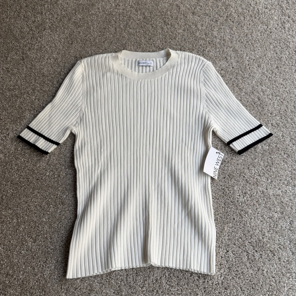 Nine West Sweater Womens XL White Ribbed Knit Short Sleeve Crew Pullover